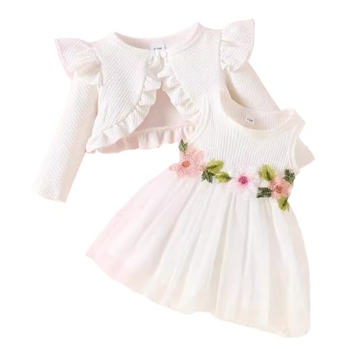 JiAmy Baby Girls Dress and Cardigan 2PCS Fall Outfits Sleeveless Floral Dresses Ruffle Sleeve Waffle Coat Clothes Set for Toddler Girl 3-6 Months White