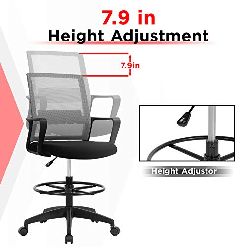 Drafting Chair Tall Office Chair Mesh Ergonomic Mid-Back Desk Chair with Adjustable Foot Ring for Executive Computer Standing Desk (Grey) by FDW - Image 2