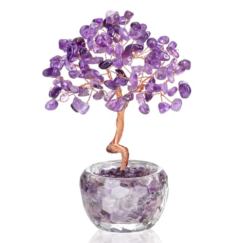 RIVIEVAL Rosenquarz-Kristallbaum, handgefertigt, heilender Edelsteinbaum für die Dekoration zu Hause und im Büro, Chakra-Baum, Glücksbringer, Geschenk zum Geburtstag für Frauen (lila)