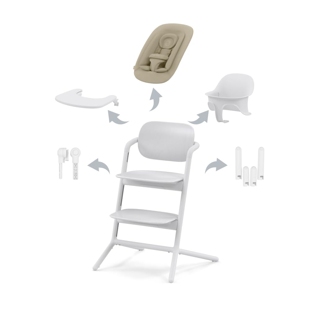 CYBEX Gold LEMO Hochstuhl 4in1-Set, Mitwachsend, 0 - 99 Jahre, Ab Geburt, Inkl. Bouncer Nest, Baby-Set, Snack Tray, Neugeboreneneinlage und Adapter-Set, Buchenholz/Aluminium/Kunststoff, All White
