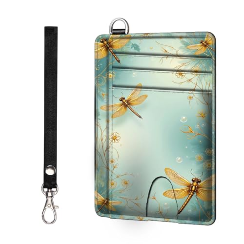 Slim RFID Blocking Wallet Minimalist Front Pocket Card Holder, Golden Dragonfly on Light Blue Secure Leather Credit Card Case with Security Pockets for Men and Women