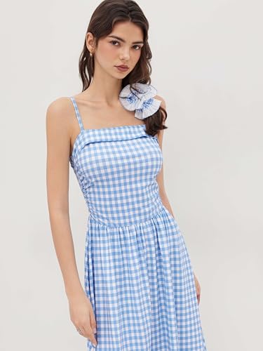 CIDER Women's Summer Gingham Midi Dress Sleeveless Ruched Plaid Dress Spaghetti Strap Dresses Casual Trendy2