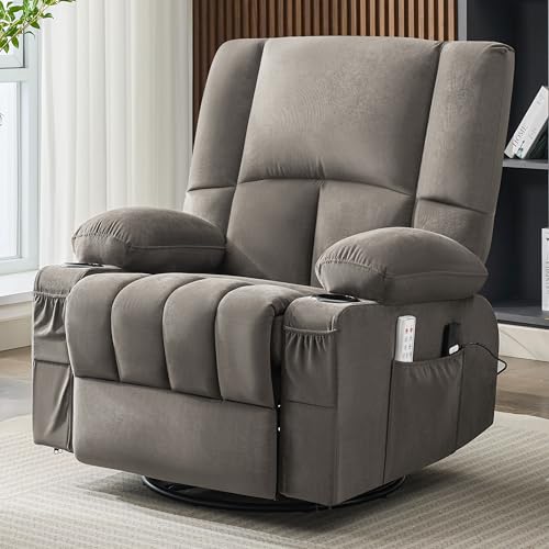 Power Rocker Recliner Chair with Heat and Massage, 270° Swivel Recliner Chairs for Adults, USB and Type-C Ports, Oversized Recliner Single Sofa, Electric Glider Recliner Chair, (Fabric, Grey)