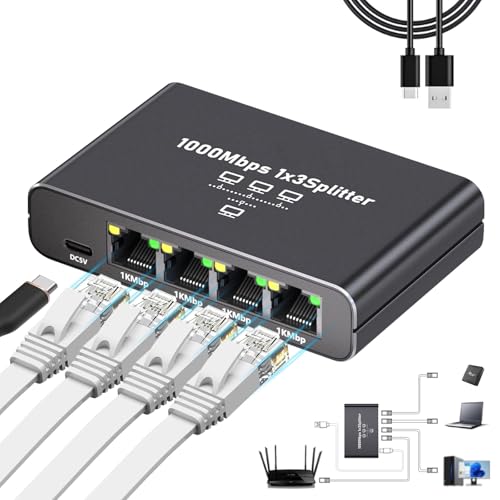 Gigabit Ethernet Splitter 1 to 3, 1000Mbps RJ45 Port Multiplier with USB-C Power, Plug & Play Network Switch for Cat5/5e/6/7/8 Cables, High-Speed LAN Switch for PC, Laptop, Access Point, Smart TV