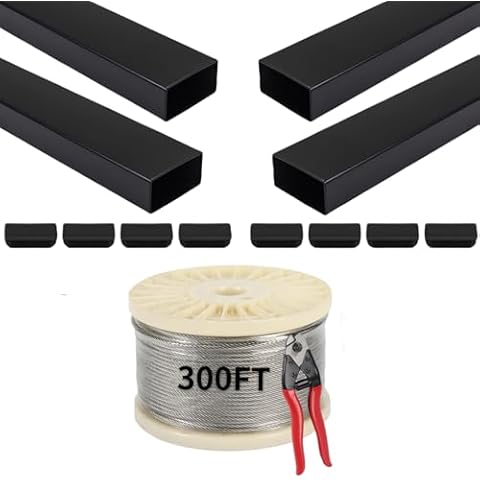 HEIDIBEAR 4pack 6’6’’ Stainless Steel Handrail and 300FT 1/8" Stainless Steel Cable Black Powder Coated Square Handrail with End Cap T316 Wire Rope with Cutter Cable Railing System Deck Stair Cover