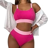 Yxzogd High Waisted Bikini Swimsuits for Women Two Piece Scoop Neck Tankini Cheeky High Cut Ribbed Color Block Bathing Suit