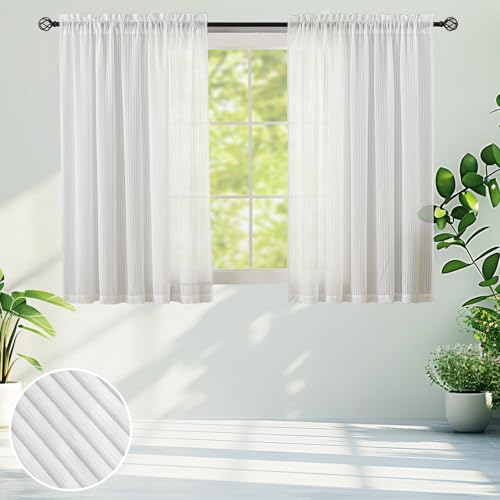 Demetex Striped Voile Curtain 2 Panels 45 inch Drop White Net Curtains with Rod Pocket Light Filtering Sheer Curtains for Living Room Bedroom Windows, 137 x 114 cm, White