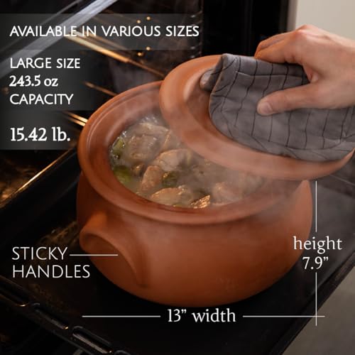 Hakan Suphan Handmade 7.6-Quart Large Clay Cooking Pot with Lid, Natural Unglazed Cookware, Terracotta Cazuela, Casserole Dish, Rice Cooking, Stewpot, Korean, Indian, Mexican Dish 7.2 L