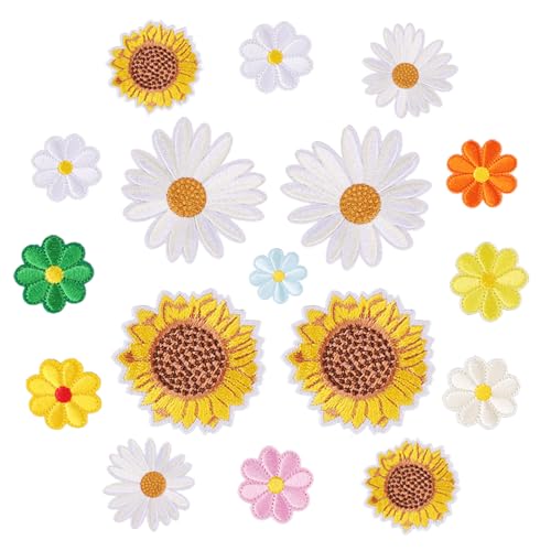 GEEHUA 17 Stück Sonnenblumen Aufnäher zum Aufbügeln, Gänseblümchen Aufnäher, Applikationen Patches Kleidungsreparatur Stickereien für Jeans, Taschen, Jacken, Hüte, DIY Bastelarbeiten