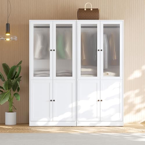 VOWNER 20“D Armoire Wardrobe Closet with Fluted Glass, 71" H Clothing Storage Cabinet with Hanging Rod, 4 Soft-Close Doors Wooden Wardrobe Cabinet for Bedroom, Large Capacity Storage White(CC)