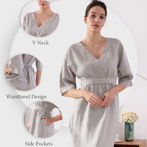 Image of Simple&Opulence Women's Summer Dresses 100% Linen Beach Sundress Nightgown Long Casual Lounge Sleep Dress with Pockets