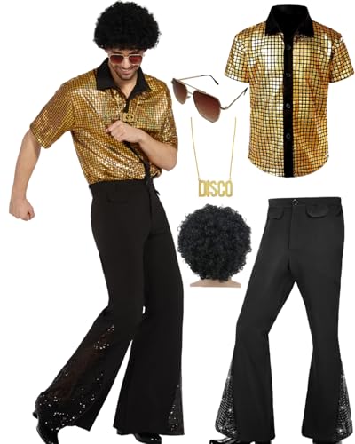 minkasic 70er Jahre Disco Kostüm Set Hippie Herren Outfit mit Schlaghose Hemd 80s Fasching Bekeidung für 50s 60s 70s Cosplay Halloween Party (Gelb, M)