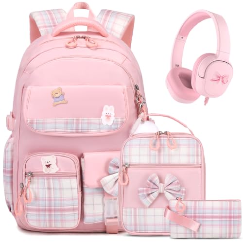 ACESAK 4PCS Bow Backpack for Girls with Headphones Lunch Box & Pencil Case