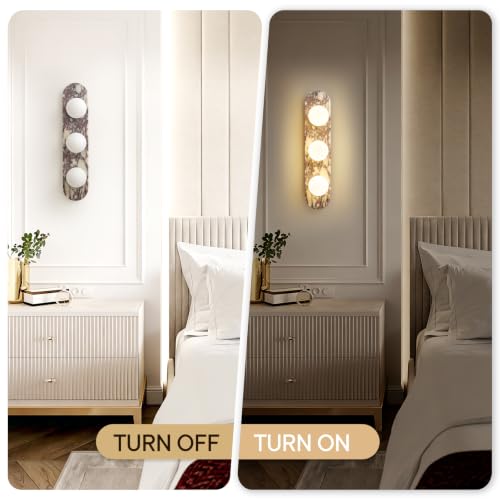 DLITISH 23.6 inch Natural Marble Wall Sconce, 3-Light Modern Alabaster Wall Lamp with Glass Shade, G9 Base Hardwired Stone Sconce Light for Bedroom, Living Room, Corridor, Bathroom, Entryway by DLITISH - Image 8