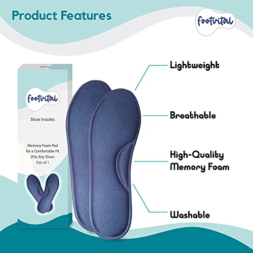 Image of Footvital Memory Foam Shoe Insoles for Men and Women | Soft Cushioned Inserts for Long Standing and Walking | Supports Heel and Arch | Shock Absorbing | Moisture Absorbing | Lightweight Washable Insoles for All Shoes | 2 Pairs | Blue | Size 9