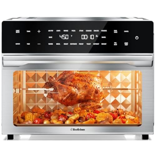 Beelicious 32QT Extra Large Air Fryer, 19-In-1 Air Fryer Toaster Oven Combo with Rotisserie and Dehydrator, Digital Convection Oven Countertop Airfryer Fit 13″ Pizza, 6 Accessories, Stainless Steel
