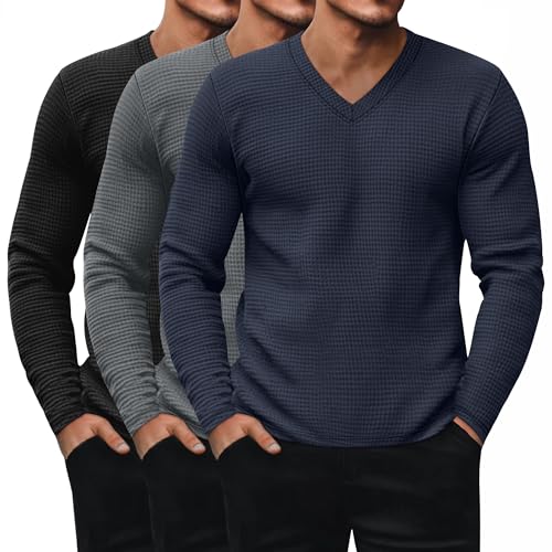 Ficerd 3 Pack Men's Waffle Thermal Long Sleeve Shirts V Neck Underwear Tops Casual Knit Undershirts Pullover Sweaters(Black, Dark Gray, Navy Blue,3X-Large)