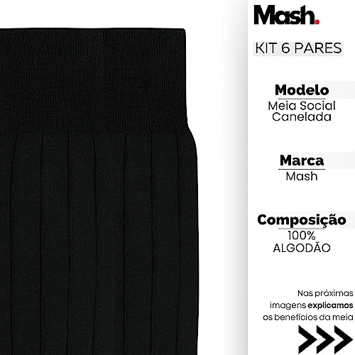 Kit 06 Meia Social Mash Algodão Mash Cano Longo Canelada | 6 Preto | 39-42