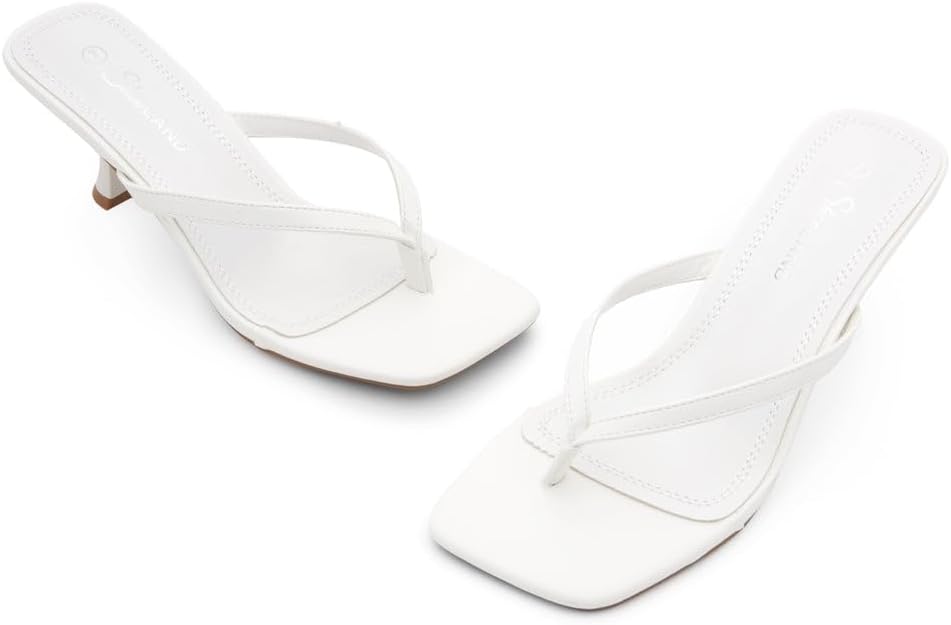 Shoe Land Kitten Heels for Women, Square Open Toe Thong Sandals, Slip On Heeled Sandals, Flip Flop Style, Dressy Summer Heels for Party Date Night