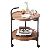 2 Tier Movable Round Coffee Table with MDF Top Small Rolling Cart for Living Room, Mid Century Moder