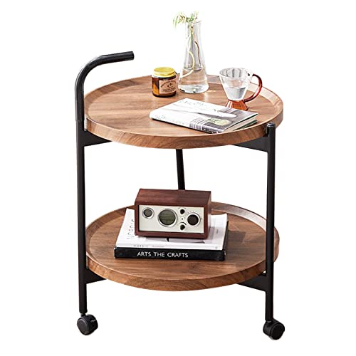 2 Tier Movable Round Coffee Table With Mdf Top Small Rolling Cart For Living Room, Mid Century Modern End Table, Bedside Storage Table, Walnut Finish Sofa Side Table #TOP23