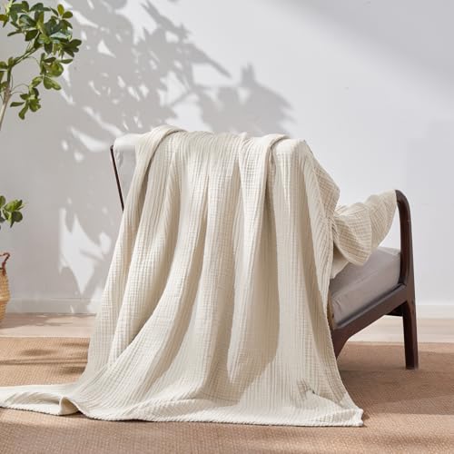David's Home 100% Cotton Muslin King Size Blanket, 4-Layer Soft Breathable and Lightweight Gauze Blanket for Bed Couch, for Adults Hot Sleepers, Room Decor, Birch/Oat Milk, 108 * 90" by David's Home - Image 9
