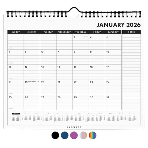 PAPERAGE 2026 Calendar, 12 Months (January 2026 - December 2026), Small (9 in x 11 in), Minimalist Wall and Desk Calendar with Monthly Views, Yearly Plans & Notes Section – Black