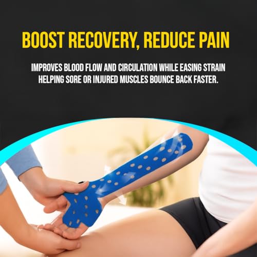 Image of PulseITSportsTape Kinesiology Tape- Waterproof & Sweatproof Sports Tape for Muscle Support, Pain Relief & Injury Recovery | Athletic Physio Tape for Knee, Shoulder, Ankle. 5cm x 5m (with Holes, Blue)