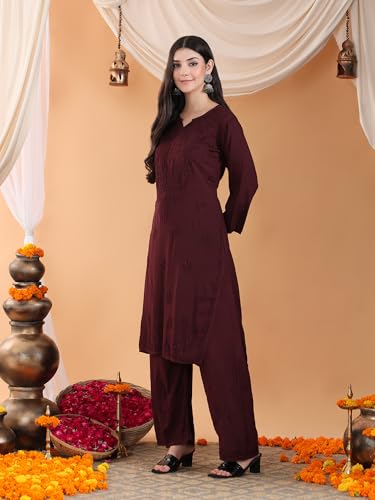 Image of POSHAK CHIKAN STUDIO Women's Hand Embroidered Lucknowi Chikankari Rayon Co-ord Set