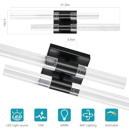 Image of Crystal Wall Sconces Set of Two Black Wall Sconce Hardwired LED Bathroom Vanity Light Fixtures 21.25in 4000K Vertical and Horizontal Wall Mounted Sconces for Bedroom, Living Room, Hallway