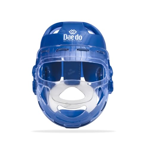 DAEDO Taekwondo Head Guard with Transparent Facemask, WT Recognized, Molded Foam, Hard Plastic Mask, for Training and Competition, Medium - Blue