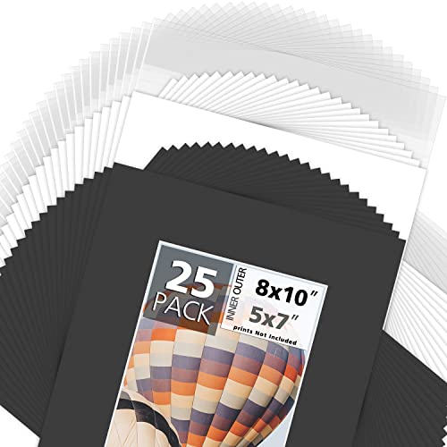 Mat Board Center Bevel Cut Acid-Free Pre-Cut 8X10 Black Picture Mat Set. Includes A Pack Of 25 White Core Bevel Cut Mattes For 5X7 Photos, Pack Of 25 Backers & Clear Bags #TOP3