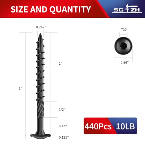 Image of #14 x 3 Inch Lag Screws (440Pcs) 10lb. Structural Wood Screw, Black, Carbon Steel, Washer Head, Rust Resistant epoxy Coated, T30 Star Bit