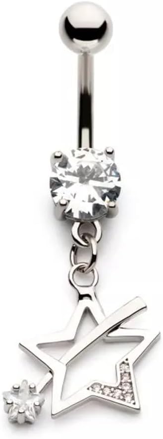 Pierced Owl 14GA 316L Stainless Steel CZ Crystal Shooting Star Dangling Belly Button Ring