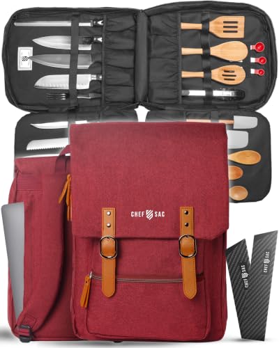 Chef Knife Bag Vintage Backpack VINTAGE, Professional Knife Carrying Case for Chefs & Culinary Students, 30+ Pockets, Holds 10" Knives, Water-Resistant 600D Material (Red)