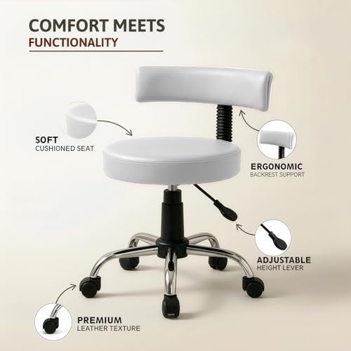 Image of DIYA Seating Chrome Rolling Study Flex Stool (1 Year Warranty) - White | Lift & Swivel Adjustable Height Salon Flex Stool w / Foot Rest, Compact Seating for Home Office Shop Study Use -(44 inchx47 inchx83 inch)