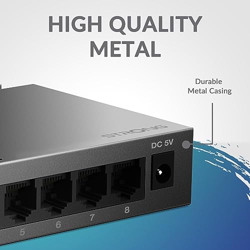 STRONG SW8000M, switch a 8 porte Gigabit 10/100/1000 Mbp, switch Ethernet RJ45, Sdoppiatore Ethernet, per la Casa e l'Ufficio, Plug e Play, Montaggio Desktop o a parete. Cassa in Metallo - 7