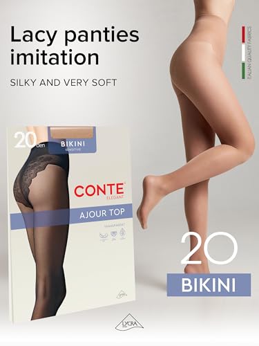 Image of Conte French Cut Sheer Pantyhose Tights with Lace Top Panties Bikini 20 Den