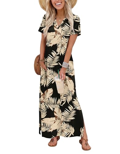 OFEEFAN Sundresses for Women 2026 Long Maternity Maxi Plus Size Dresses Short Sleeve Summer Dress Spring Cruise Outfits Beige Leaf 3XL