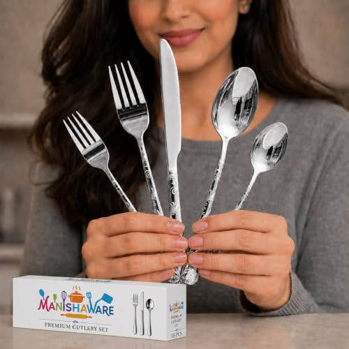 Image of Floral Silver 15 Pcs Stainless Steel Cutlery Set for Dining Table, Dishwasher Safe Glossy Flatware (3 Spoon Set+3 Forks Set+3 Butter Knife+3 Dessert Spoon+ 3 FruitFork)