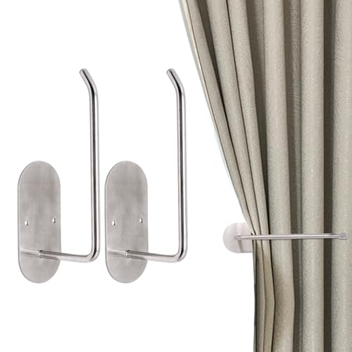 BENLIUDH Adhesive Curtain Tiebacks, 2pcs Curtain Holdbacks No Drill Curtain Hooks with Screws and Adhesive Backing (Brushed)