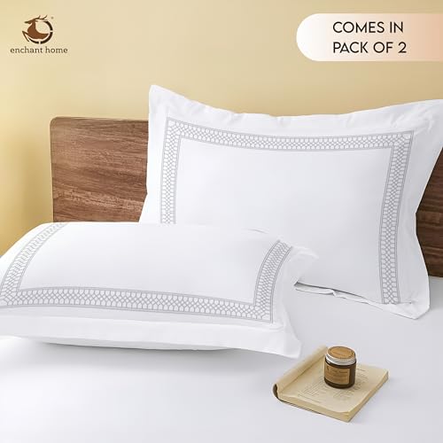 Image of Pure Cotton 500 TC Pillow Cover Set | Greek Embroidered Pillow Cover Set | Percale Weave | 18 X 27 Inches (2, Silver Lattice)