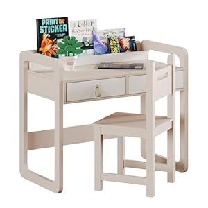 Treocho Kids Desk and Chair Set, Study Desk with Drawers, Wooden Children Table Set, Student Writing Table for School & Study Room, Pinky Beige