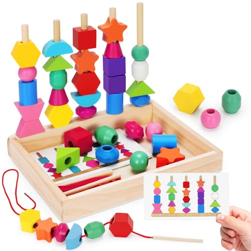 Montessori Wooden Lacing Beads Toys for 2 3 4 Year Old Toddler Kids, Sequencing & Stacking Block Toy with Storage Box, STEM Preschool Learning Toys, Christmas Birthday Gifts for Boys Girls
