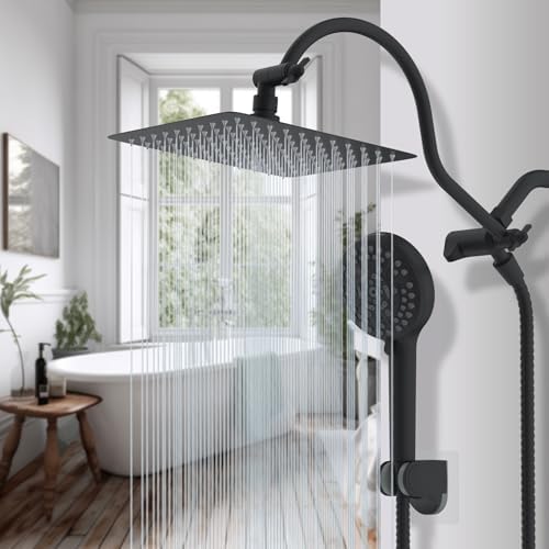 Hibbent All Metal High Pressure Rainfall 10'' Shower Head, CUPC Certified Handheld Showerhead Combo, 12'' Adjustable Shower Extension Arm, 10-Spray, 71'' Hose, Adhesive Showerhead Holder, Matte Black — view 8
