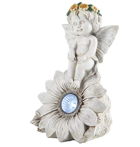 kamelshopping LED-Solar Dekofigur Blumenmädchen aus Kunststein | Solarfigur mit kalt-weißer Beleuchtung, witterungsbeständig Cover