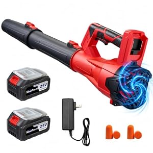 6-Speed Modes Cordless Leaf Blower 21V,200MPH High-Velocity Electric Blower,Lightweight for Dry/Wet Leaves,Lawn Debris,Garage and Driveway Cleaning, Leaf Blower-2600mAh Battery*2