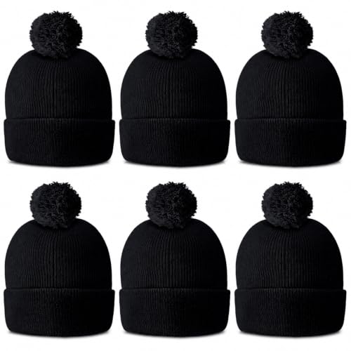 Geyoga 6 Pcs Pom Beanie Knit Hat Men Women Cuff,Black