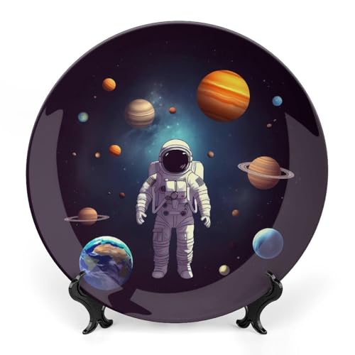 KLJHNVBM Astronaut Sonnensystem Planeten Bone China Dekorativer Teller 17,8 cm Keramik Dekorativer Teller mit Präsentationsständer Kunst Porzellan Teller Wandbehang Bone China Dish für Home Office