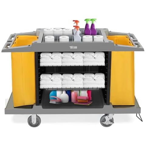 TUFFIOM Industrial Multifunctional Hotel Cart,Commercial Traditional Cleaning Janitorial Room Service Housekeeping Cart, 39" H x 58" W x 21" D,Grey Cover